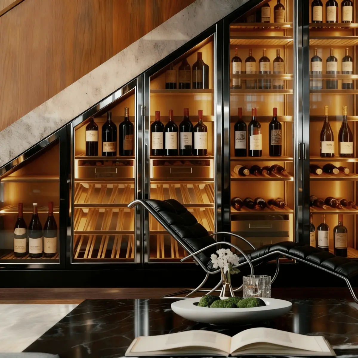 Curved Custom Stainless Steel Wine Cellar — in-situ view with under-stair placement (view 4)