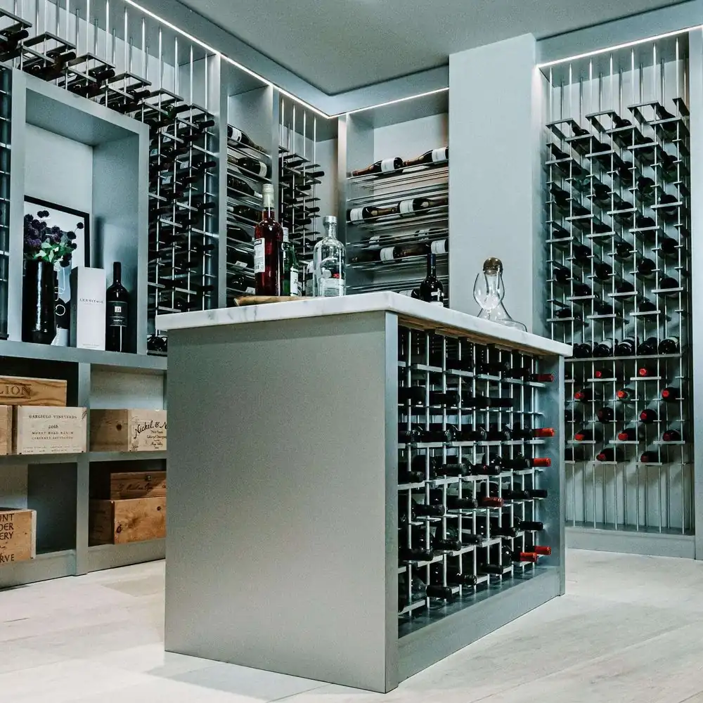 1200-Bottle Stainless Steel Wine Cellar — interior shelving and storage with wooden crates