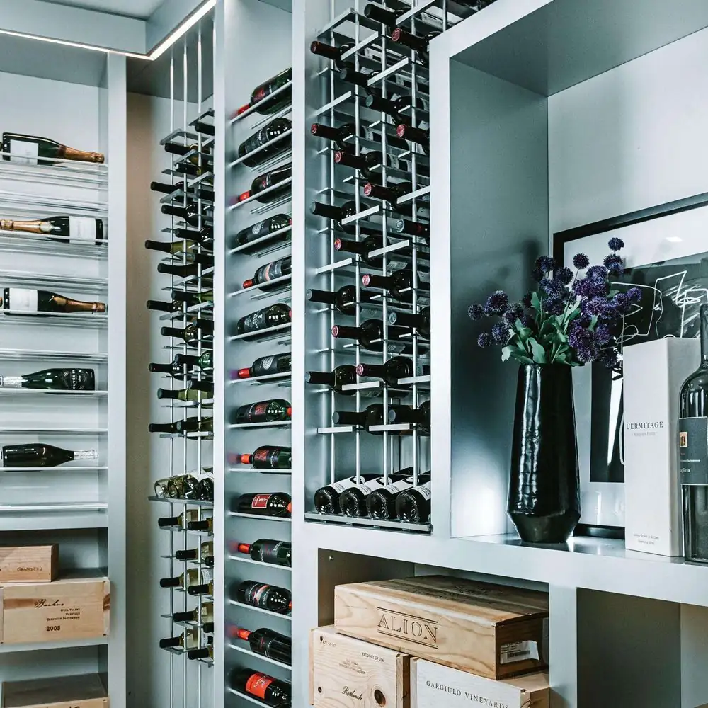 1200-Bottle Stainless Steel Wine Cellar — interior rack and shelf layout with wooden crates