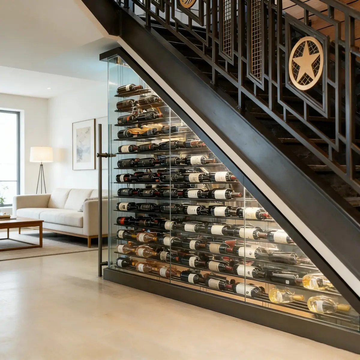 Under-Stair Glass Wine Cellar Enclosure — installed view with under-stair placement