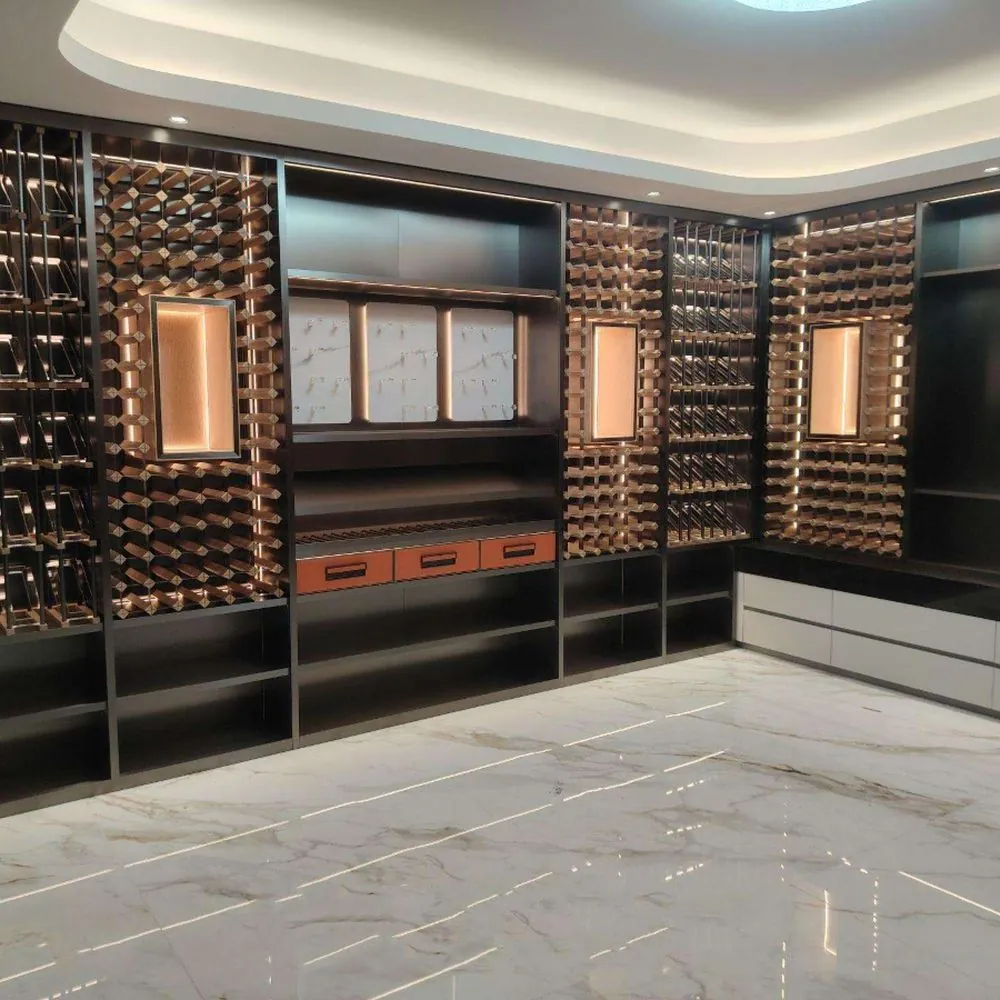 120-Bottle Hybrid Steel & Wood Wine Cellar — in-situ view with marble surround
