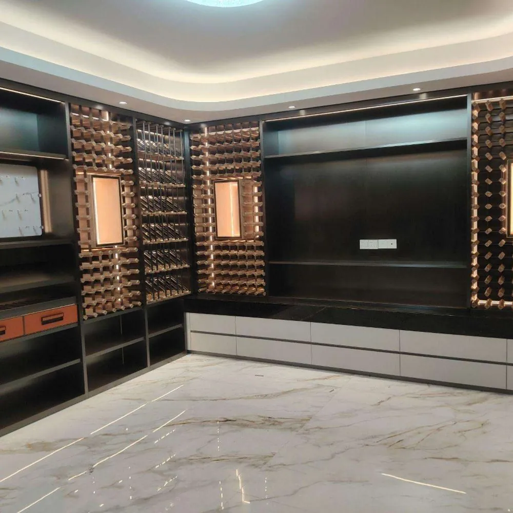 120-Bottle Hybrid Steel & Wood Wine Cellar — room setting with wine wall