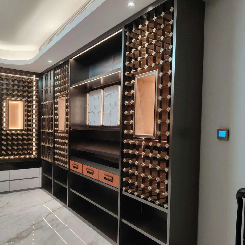 120-Bottle Hybrid Steel & Wood Wine Cellar — installed view with marble surround