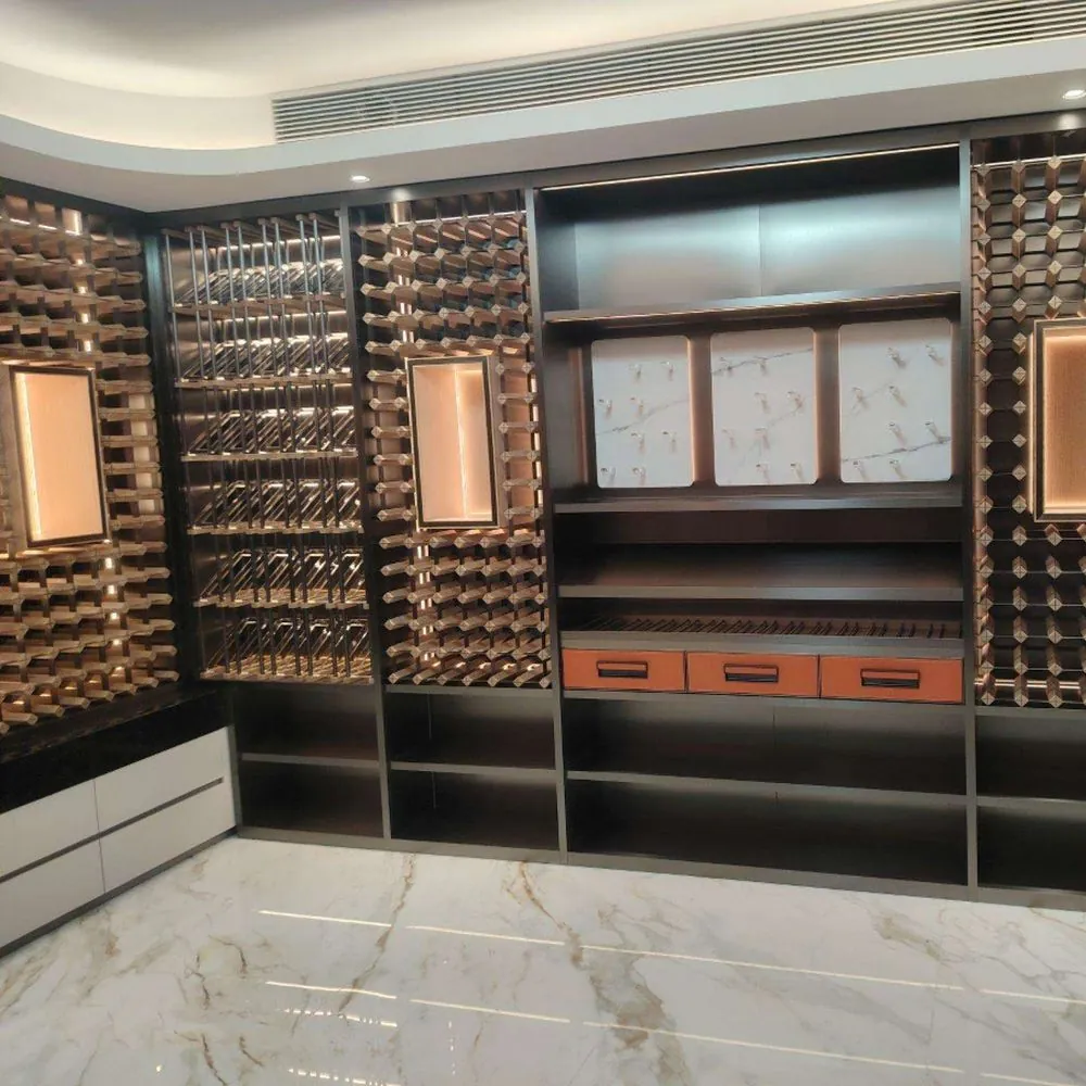 120-Bottle Hybrid Steel & Wood Wine Cellar — in-situ view with drawers