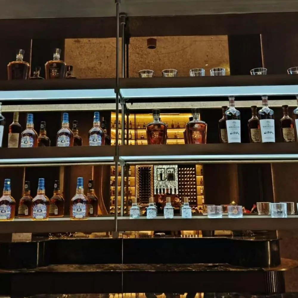 Hanging Counter-Top Wine Rack, Glass Holder — material and hardware detail of wine bottles