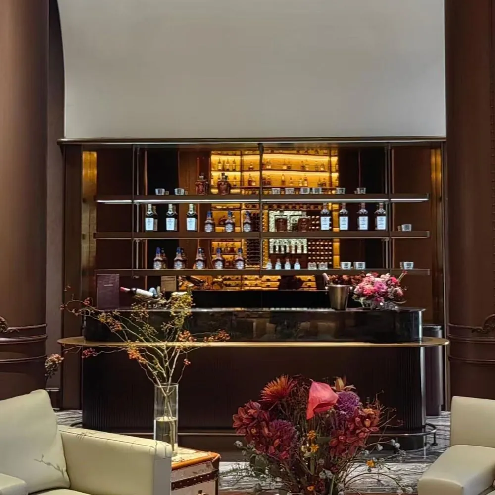 Hanging Counter-Top Wine Rack, Glass Holder — room setting in hotel setting