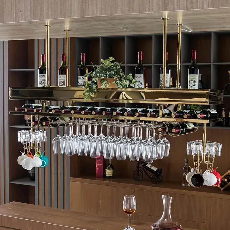 Ceiling Metal Wine Rack, Gold & Black Finish — room setting with wine glasses