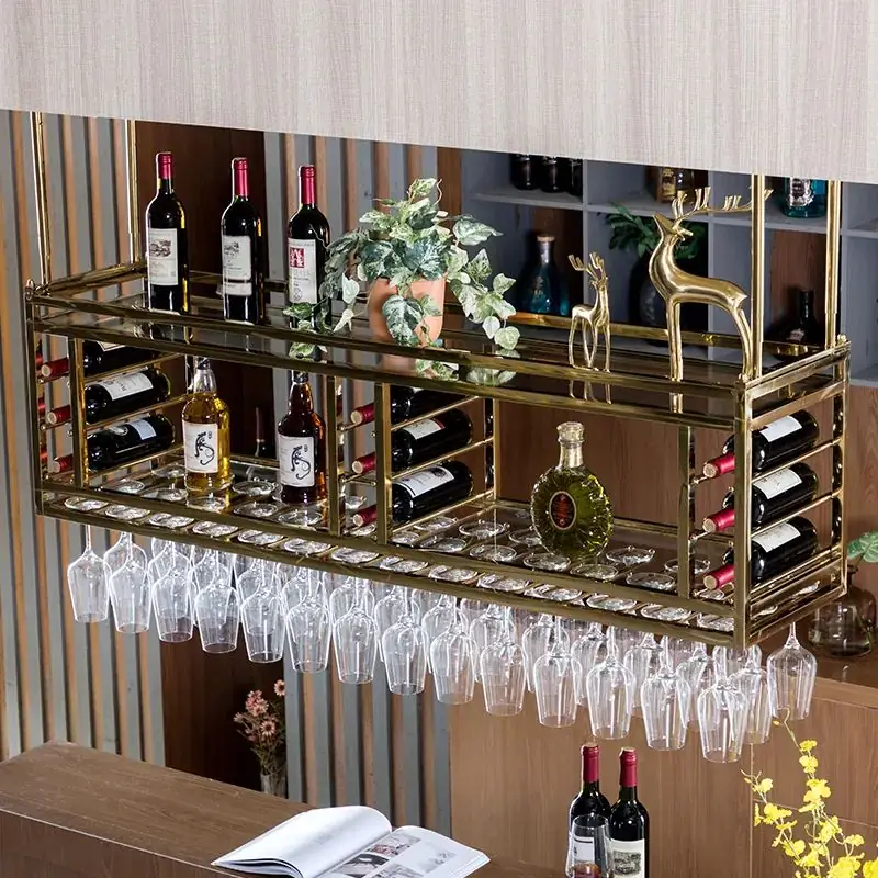 Ceiling Metal Wine Rack, Gold & Black Finish — material and hardware detail of gold finish