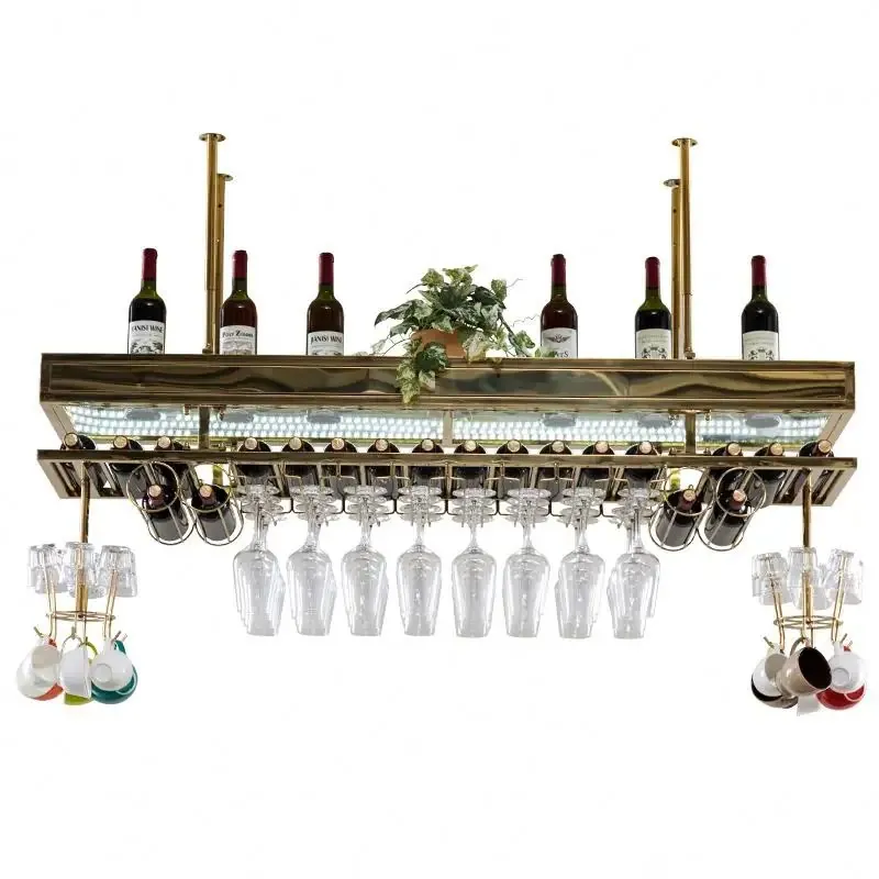 Ceiling Metal Wine Rack, Gold & Black Finish — frontal product view, gold finish