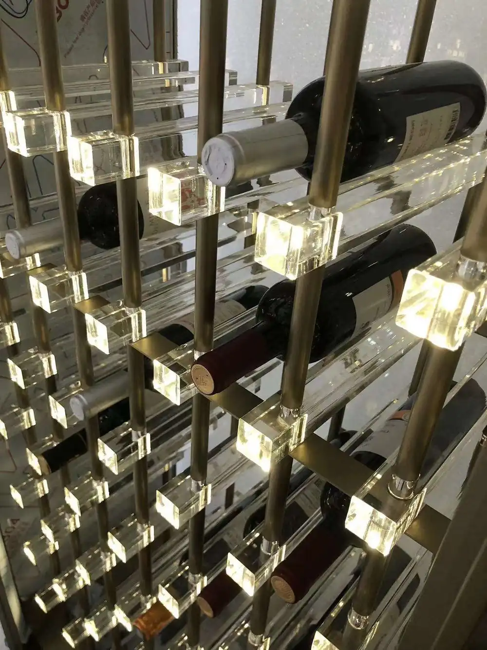Wall-Mounted Stainless Steel Wine Rack, LED — material and hardware detail of acrylic rack
