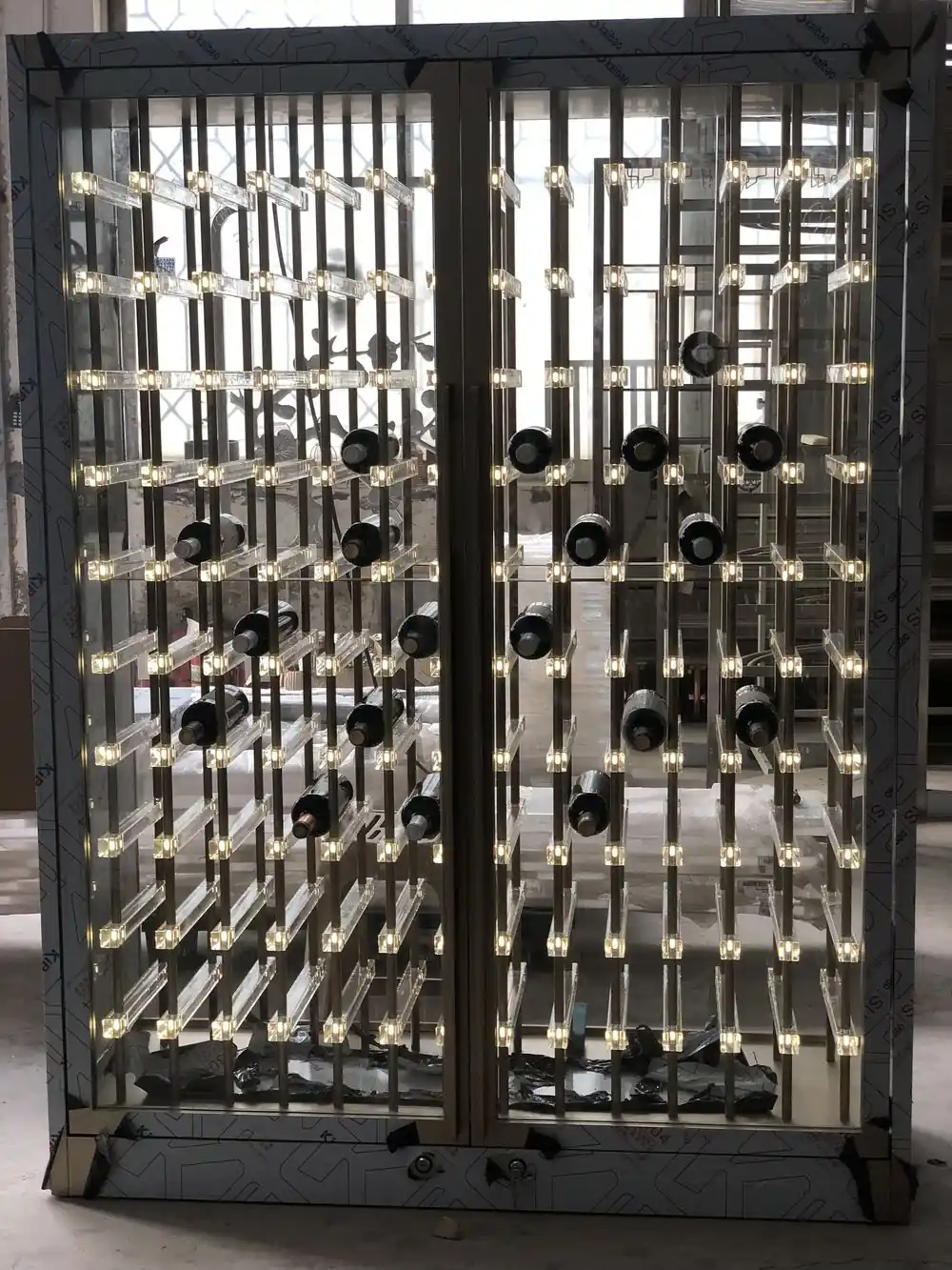 Wall-Mounted Stainless Steel Wine Rack, LED — additional angle, factory workshop