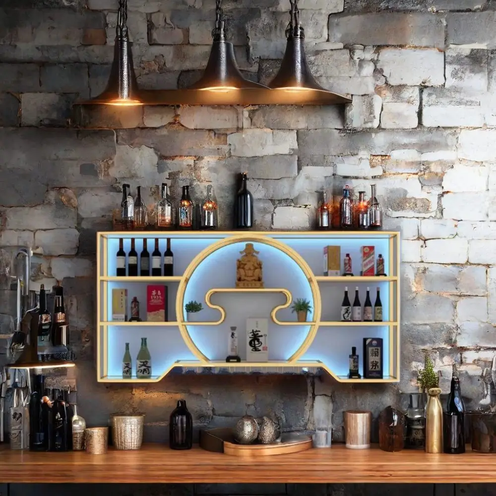 Wall-Mounted 304 Stainless Wine Rack, LED — installed view with brick wall