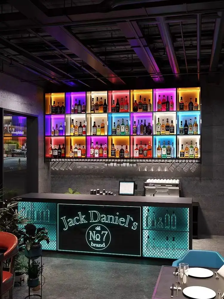 Wall-Mounted 304 Stainless Wine Rack, LED — in-situ view with bar counter