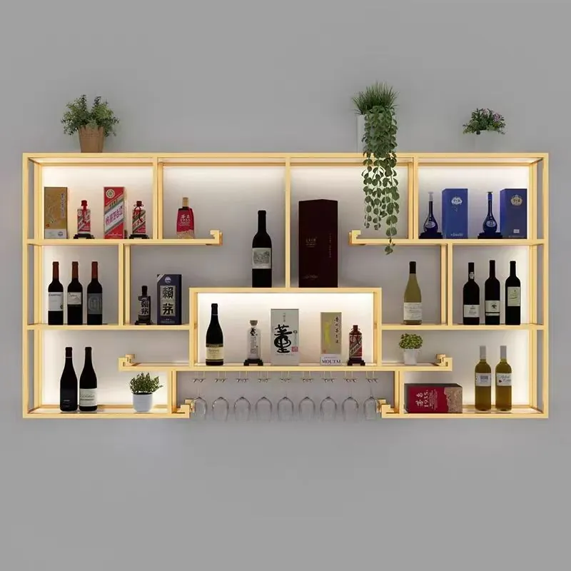 Wall-Mounted 304 Stainless Wine Rack, LED — front view, gold finish