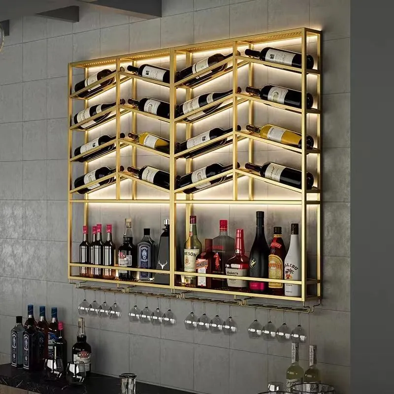 Wall-Mounted 304 Stainless Wine Rack, LED — straight-on view, wine bottles