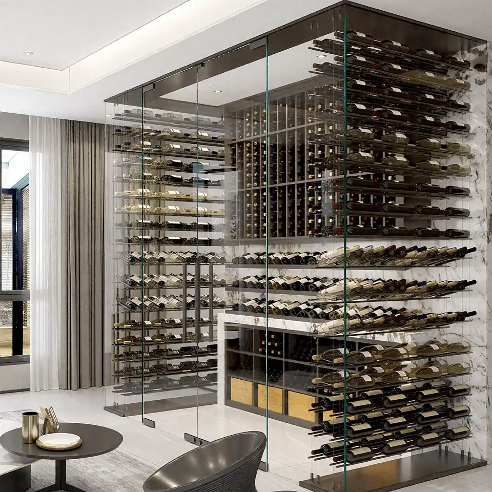 Glass Wine Display Cabinet & Steel Rack — room setting with marble surround