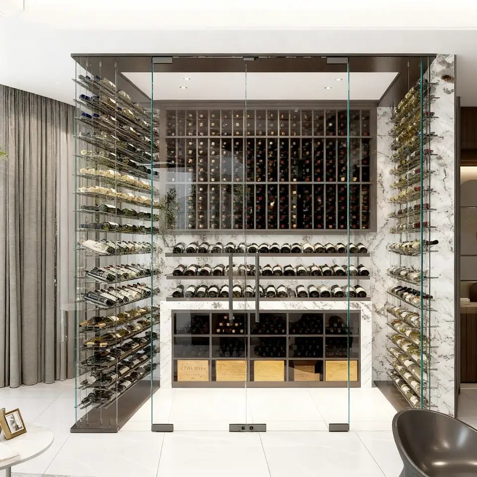 Glass Wine Display Cabinet & Steel Rack — installed view with marble surround