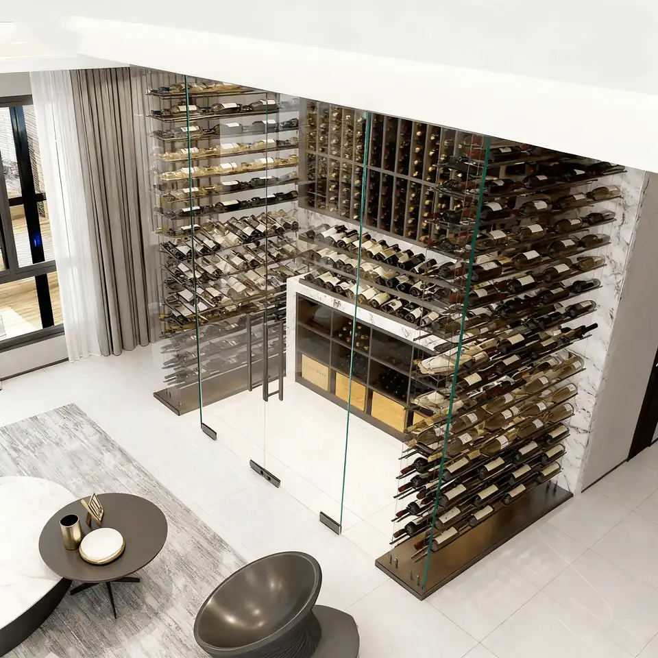 Glass Wine Display Cabinet & Steel Rack — in-situ view in living room