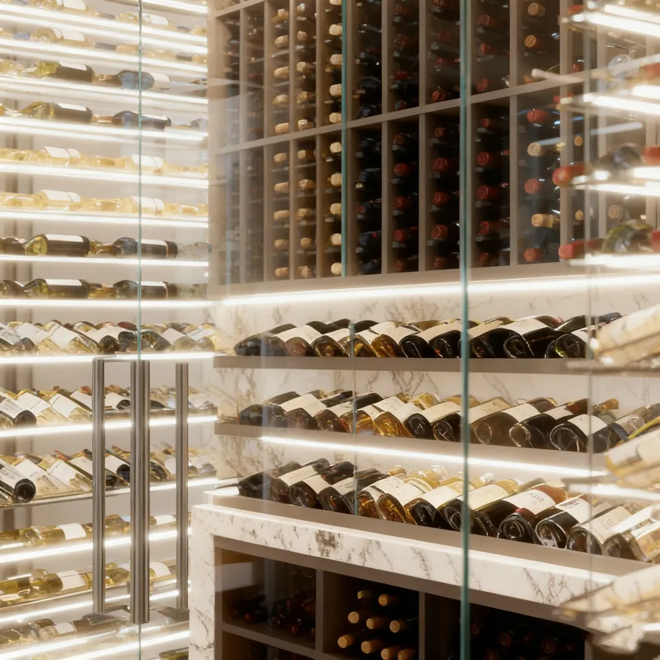 Glass Wine Display Cabinet & Steel Rack — interior rack and shelf layout with wine bottles